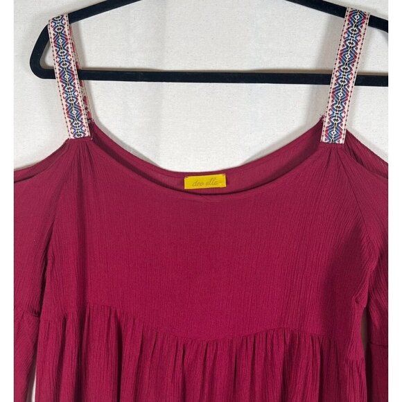 Dee Elle Womens M Top Wine Bell Sleeve Baby Doll Cold Shoulder Embroidery Strap - Picture 3 of 9